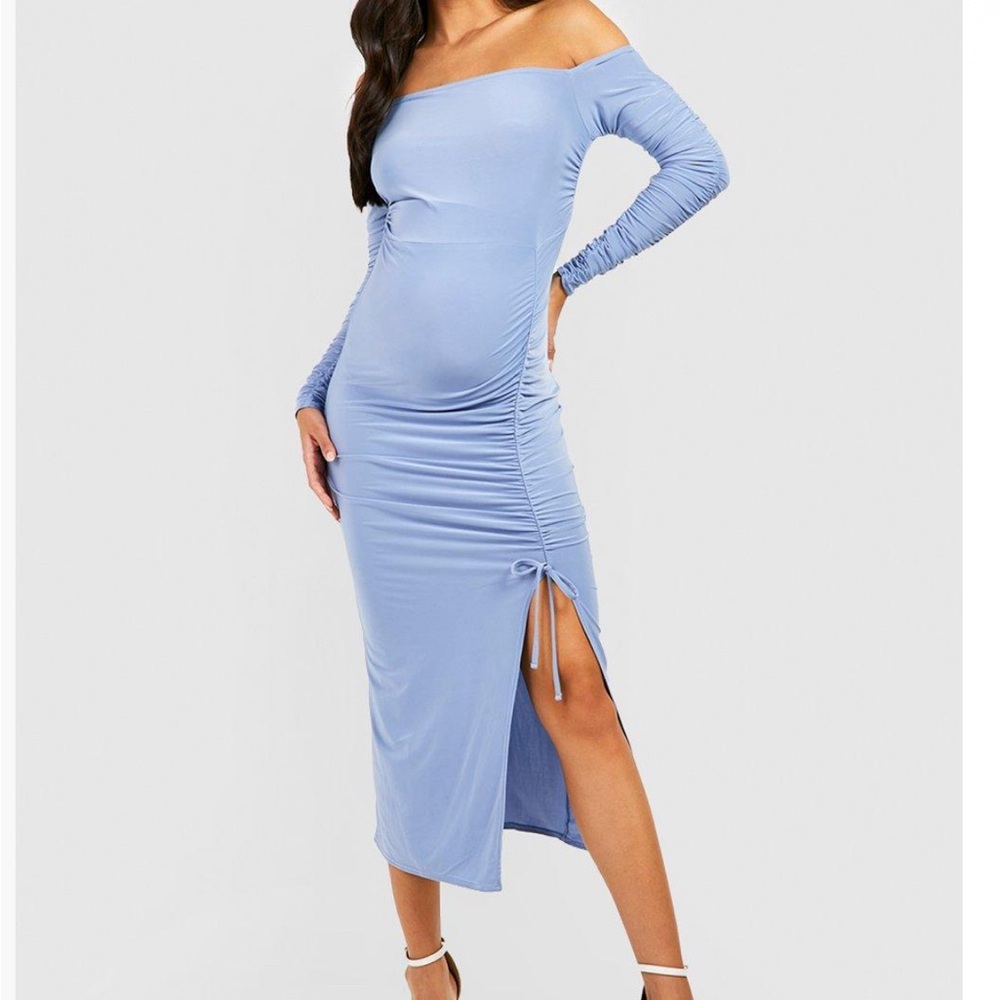 Boohoo 
Maternity Ruched Slinky Midi Dress